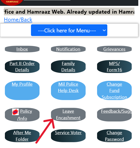 Leave Encashment details on Hamraaz Portal